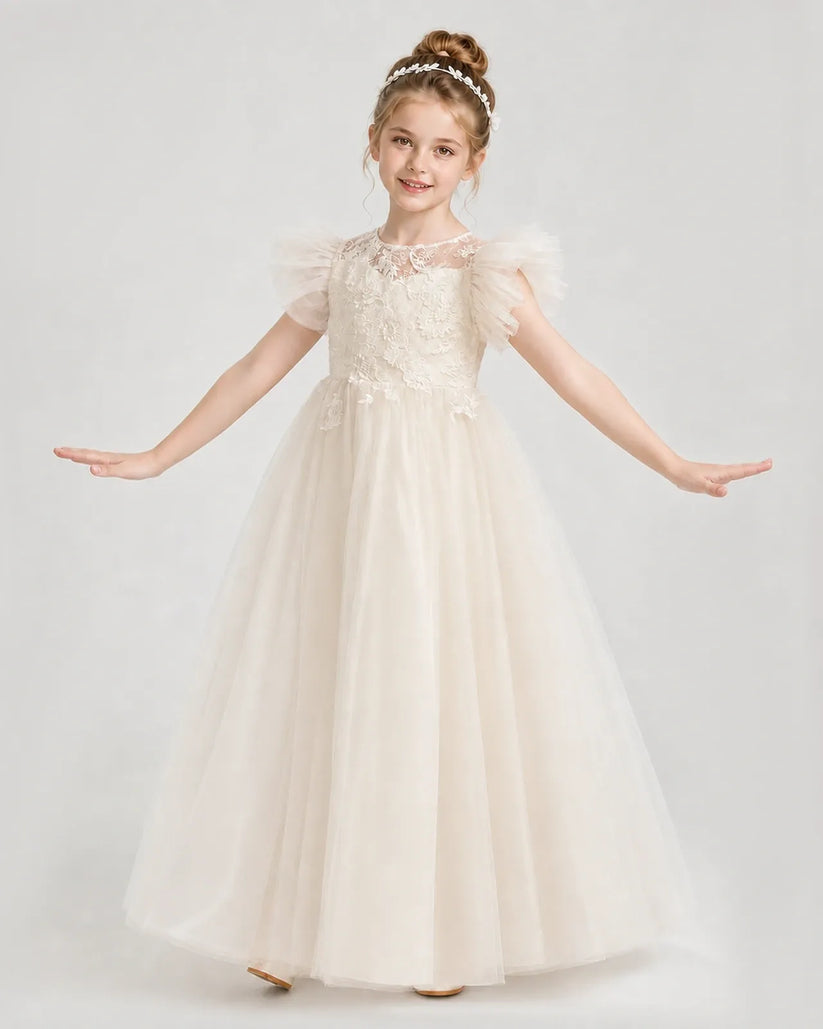 Champagne Tulle A-line Flower Girl Dress Front View