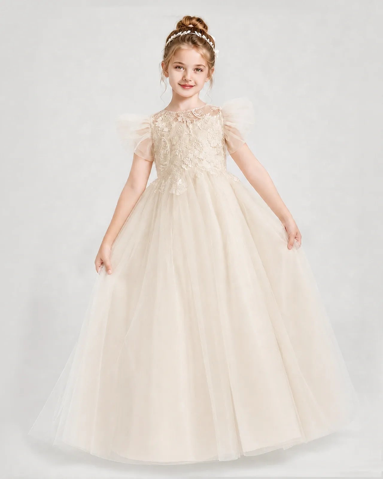 Champagne Tulle A-line Flower Girl Dress Front View