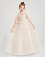 Champagne Tulle A-line Flower Girl Dress Front View
