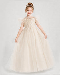 Champagne Tulle A-line Flower Girl Dress Detail View
