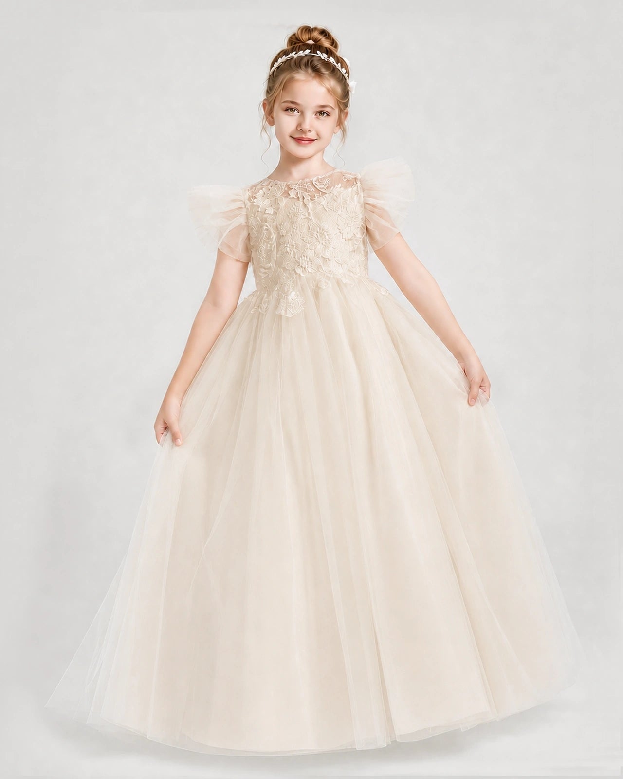 Champagne Tulle A-line Flower Girl Dress Detail View