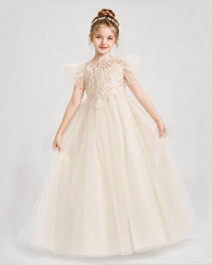 Champagne Tulle A-line Flower Girl Dress Front View