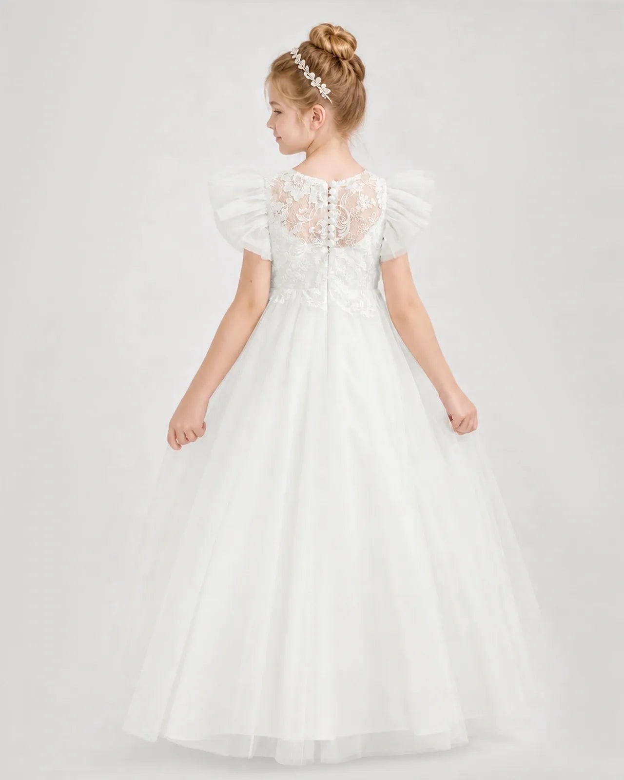 Ivory Tulle A-line Flower Girl Dress Back View