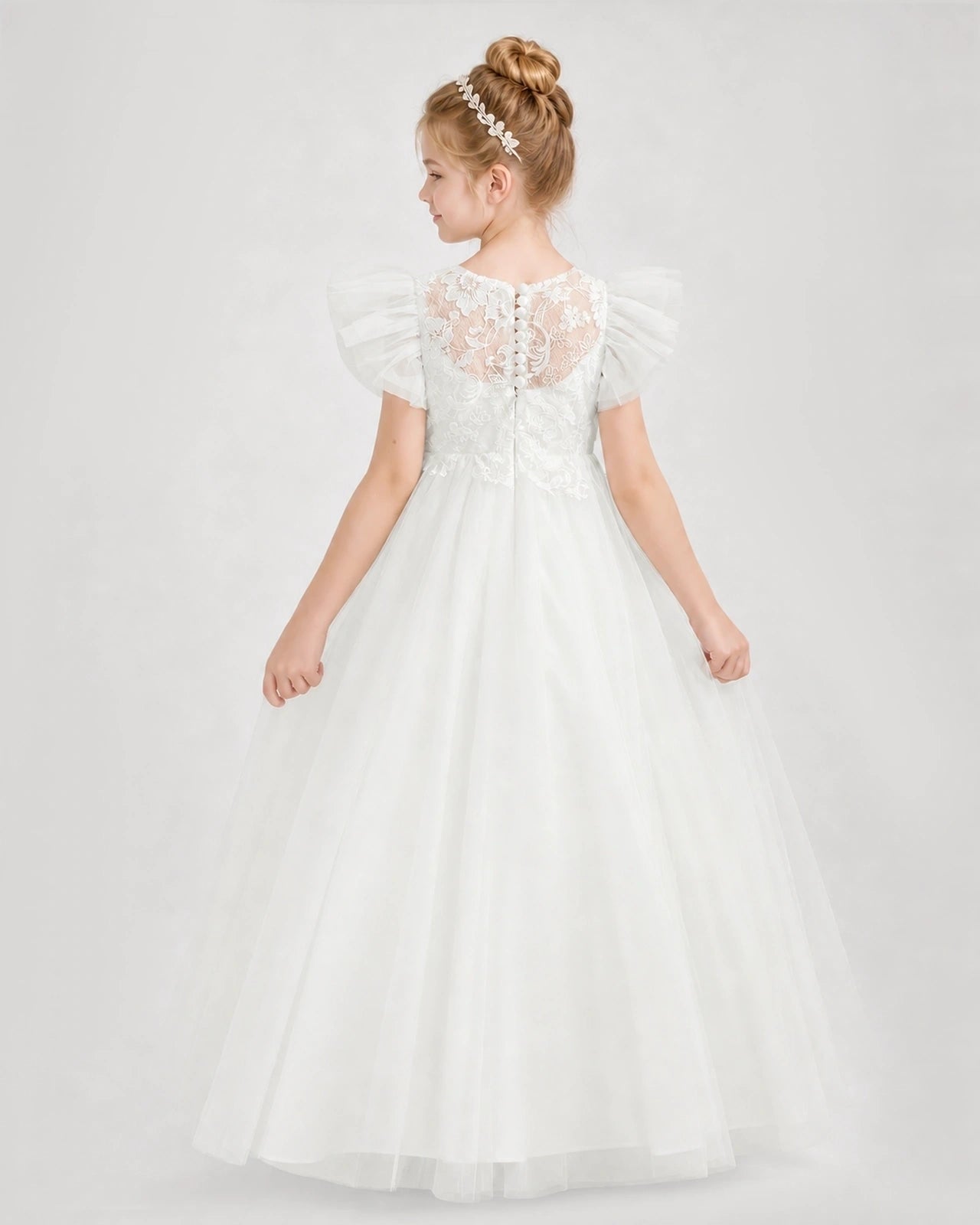 Ivory Tulle A-line Flower Girl Dress Back View