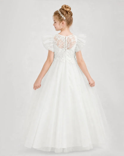 Ivory Tulle A-line Flower Girl Dress Back View