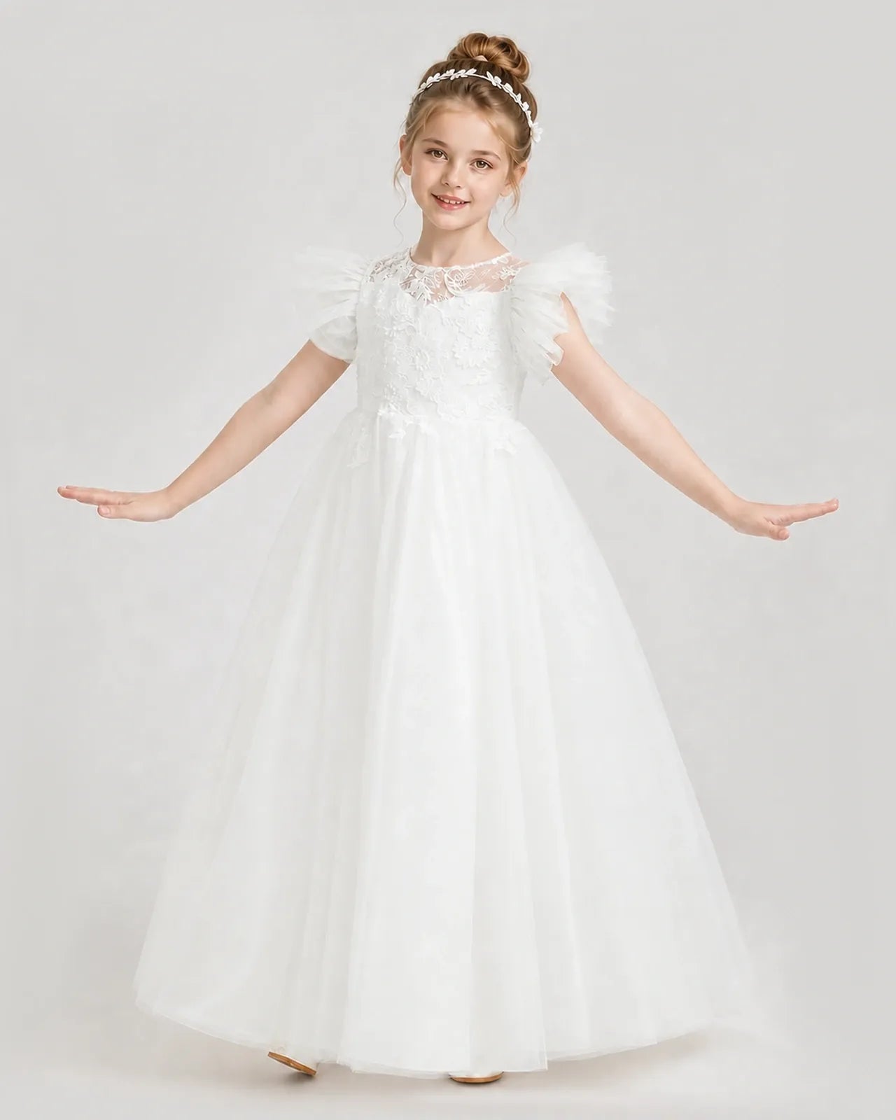 Ivory Tulle A-line Flower Girl Dress Front View