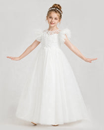 Ivory Tulle A-line Flower Girl Dress Front View