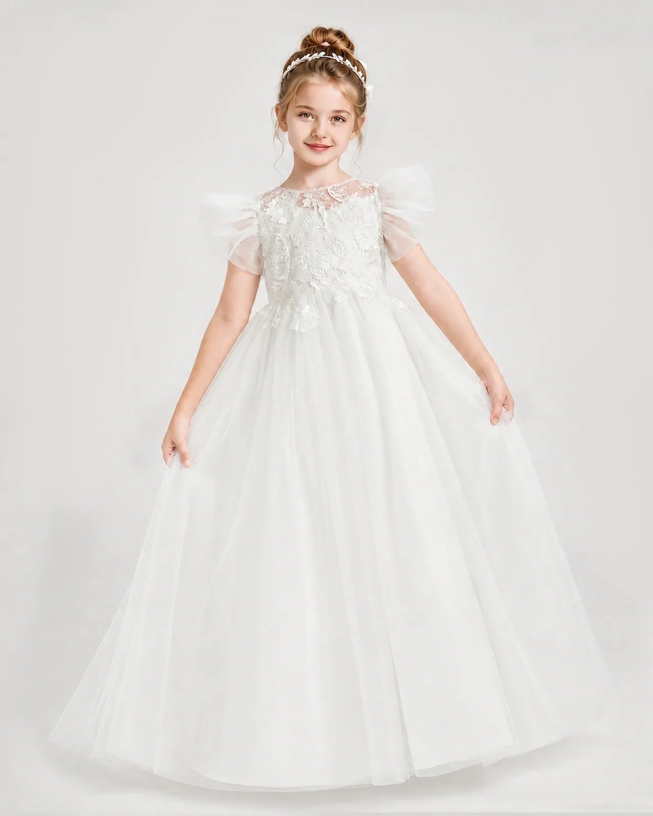 Ivory Tulle A-line Flower Girl Dress Front View