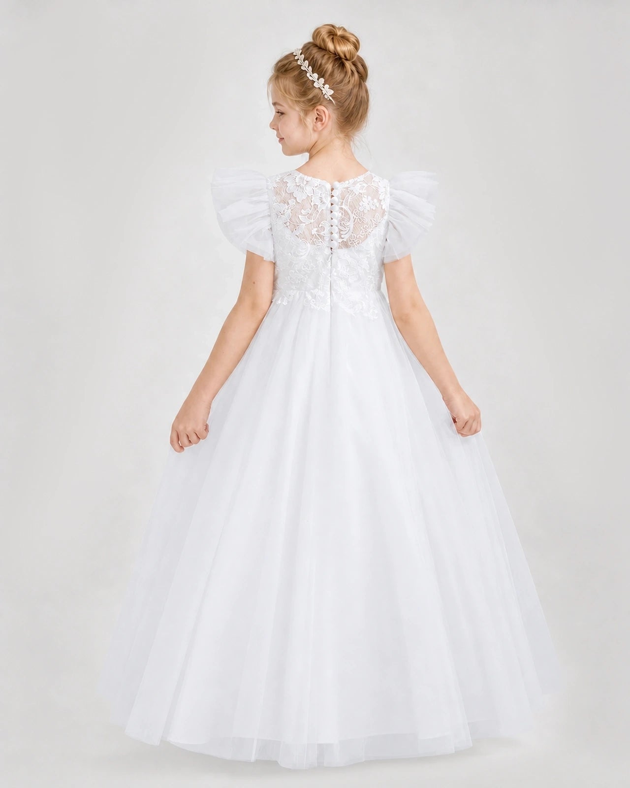 Dideyttawl Lace & Tulle Flower Girl Dress with Ruffled Sleeves Secondary image