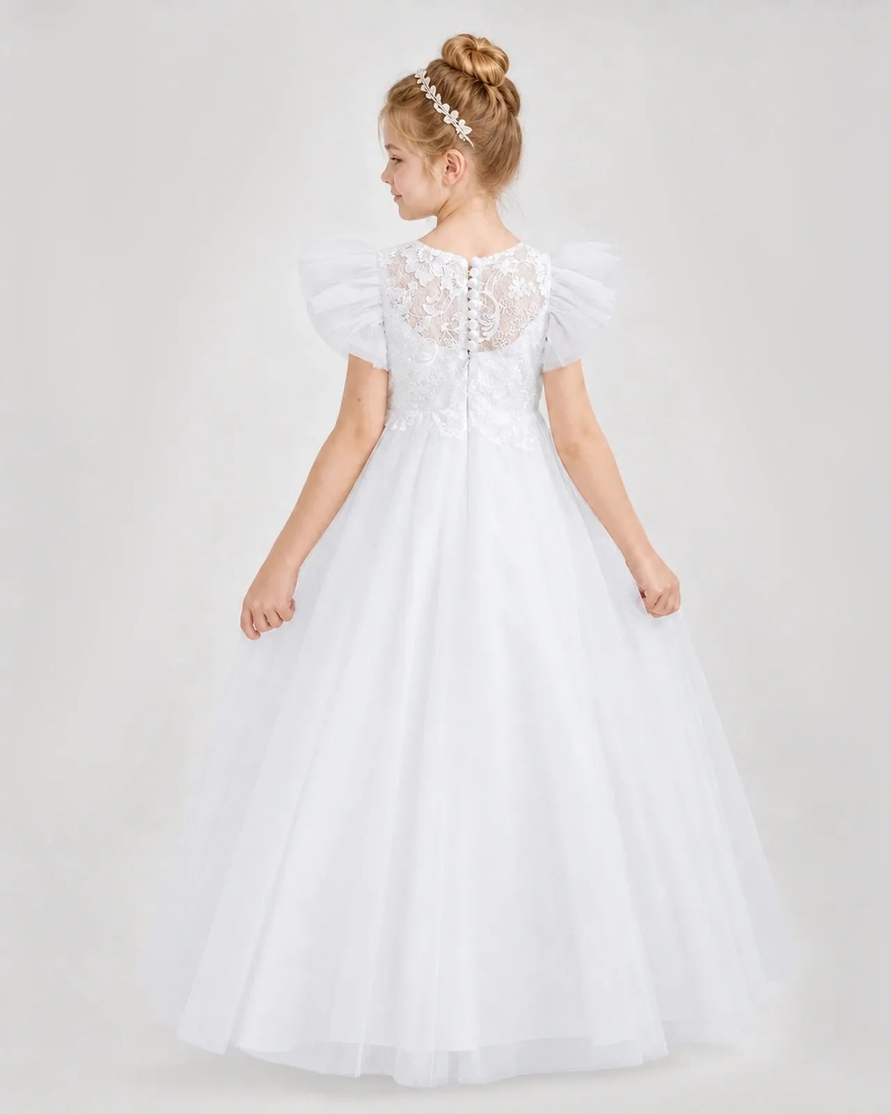 White Tulle A-line Flower Girl Dress Back View