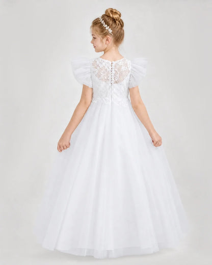 White Tulle A-line Flower Girl Dress Back View