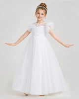 White Tulle A-line Flower Girl Dress Front View