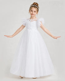 White Tulle A-line Flower Girl Dress Front View