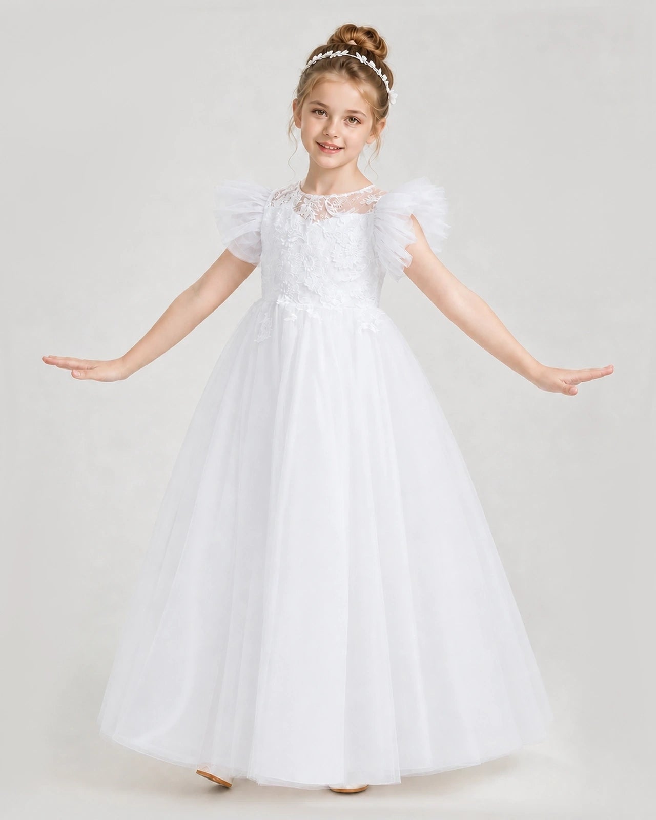 White Tulle A-line Flower Girl Dress Front View