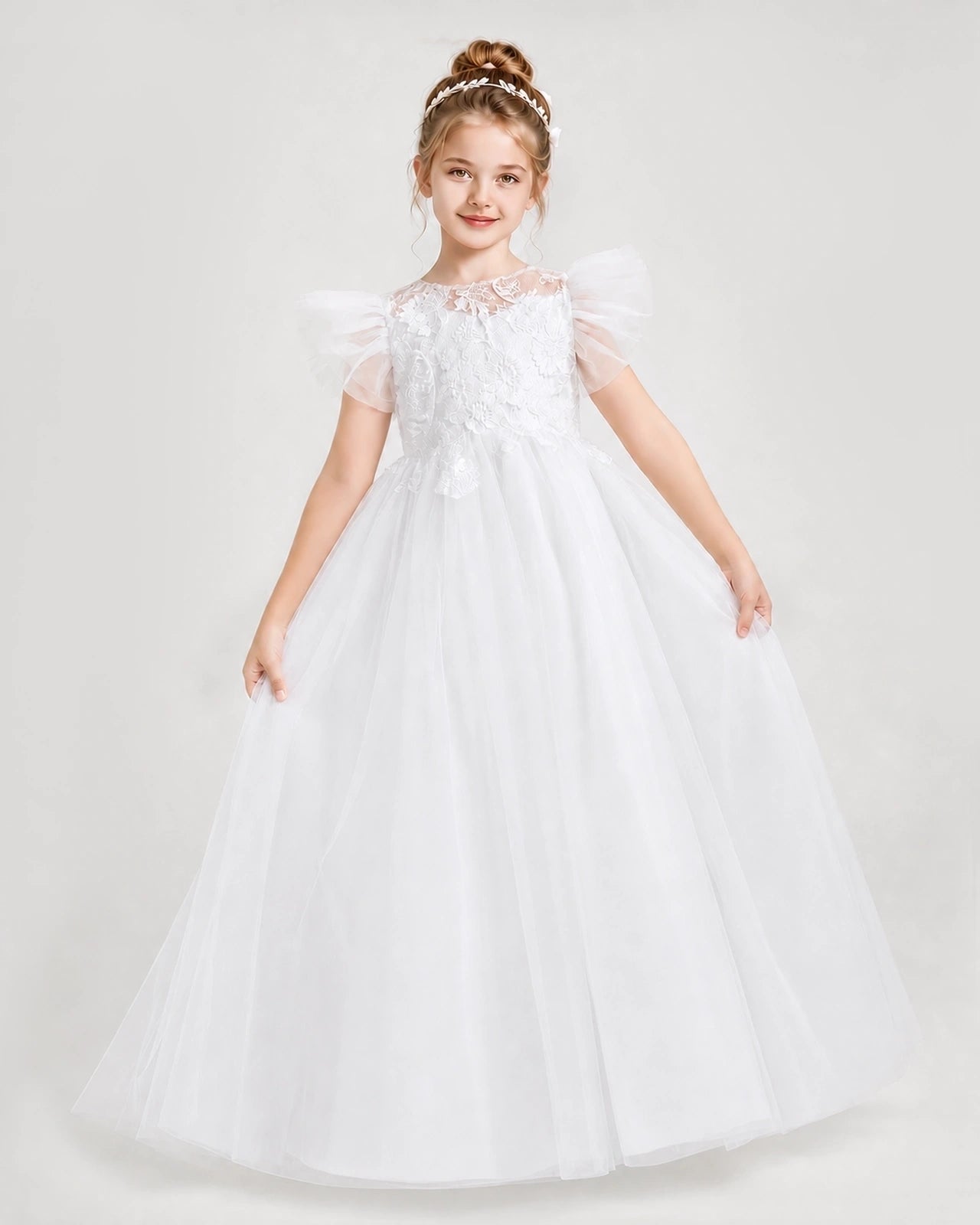 White Tulle A-line Flower Girl Dress Detail View Main image