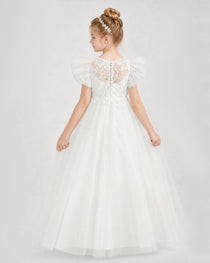 Dideyttawl Flower Girl Dress Puff Sleeve Pearl Back Tulle Gown
