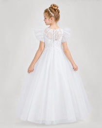 Dideyttawl Flower Girl Dress Puff Sleeve Pearl Back Tulle Gown