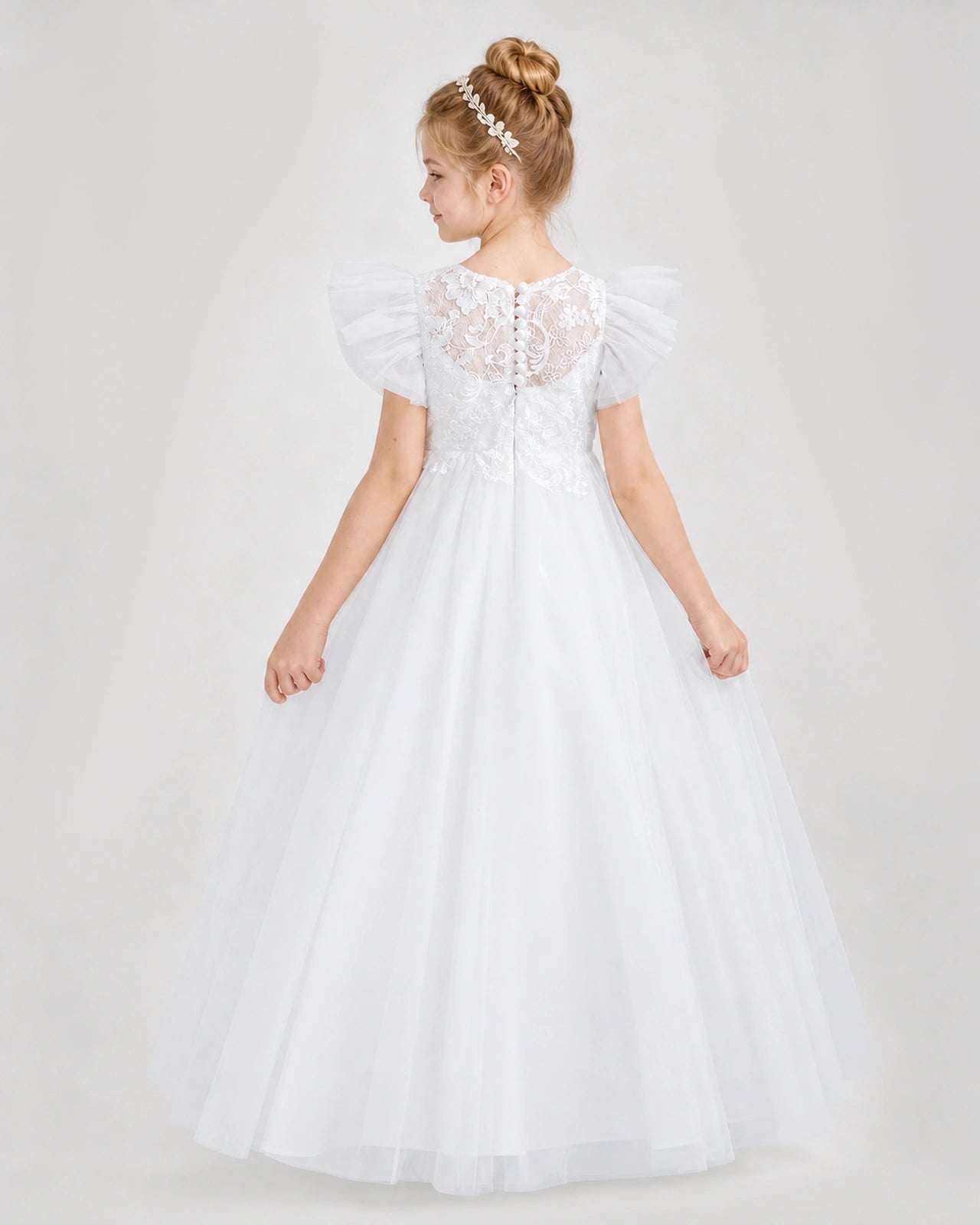 Dideyttawl Flower Girl Dress Puff Sleeve Pearl Back Tulle Gown