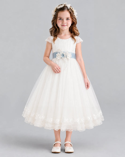 Dusty Blue Ball Gown Flower Girl Dress Front