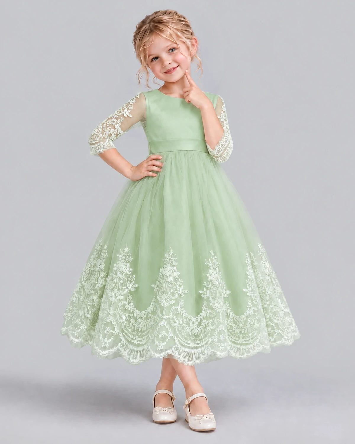 Sage Green Ball Gown Flower Girl Dress Front