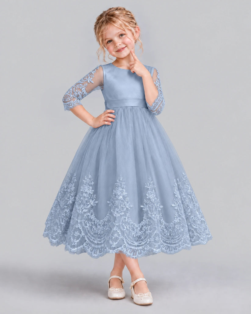 Dusty Blue Ball Gown Flower Girl Dress Front