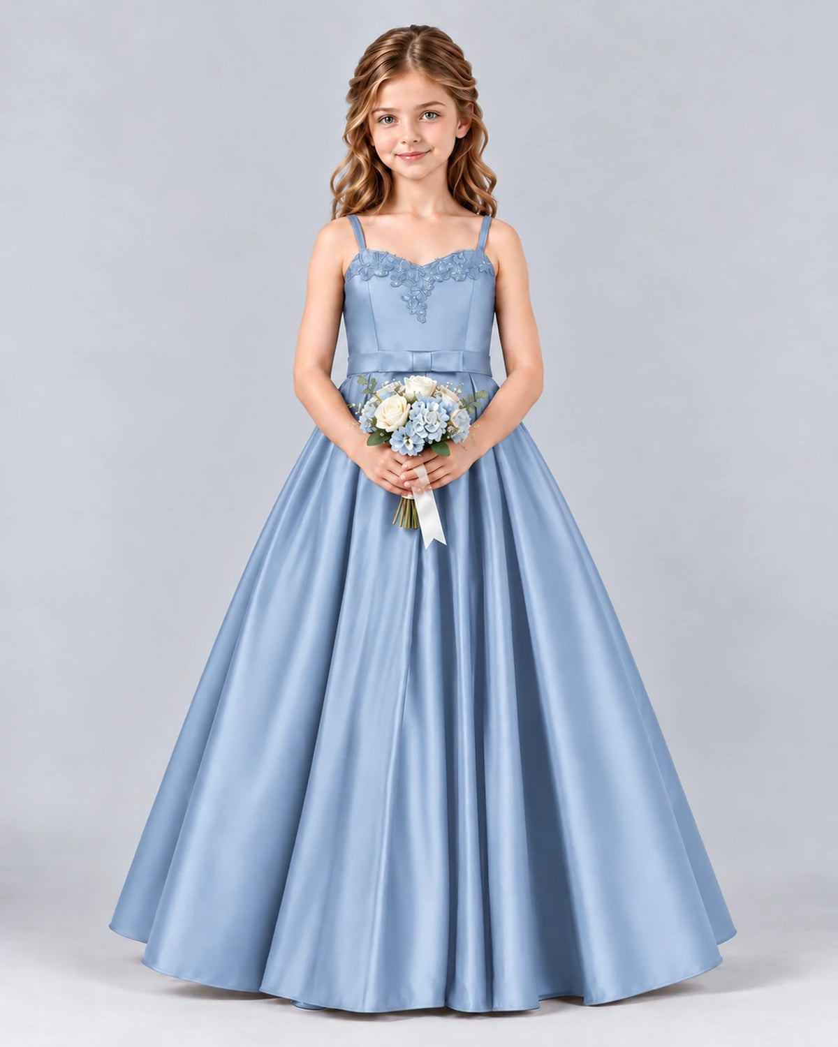 Dusty Blue Ball Gown Junior Bridesmaid Dress Front