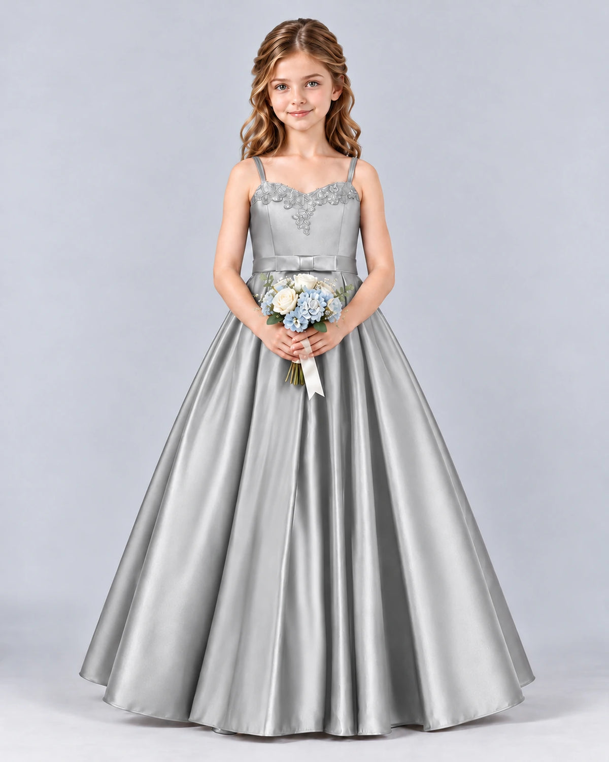 Silver Ball Gown Junior Bridesmaid Dress Front