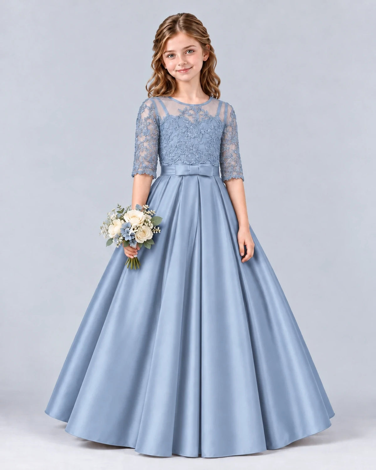 Dusty Blue Ball Gown Junior Bridesmaid Dress Front