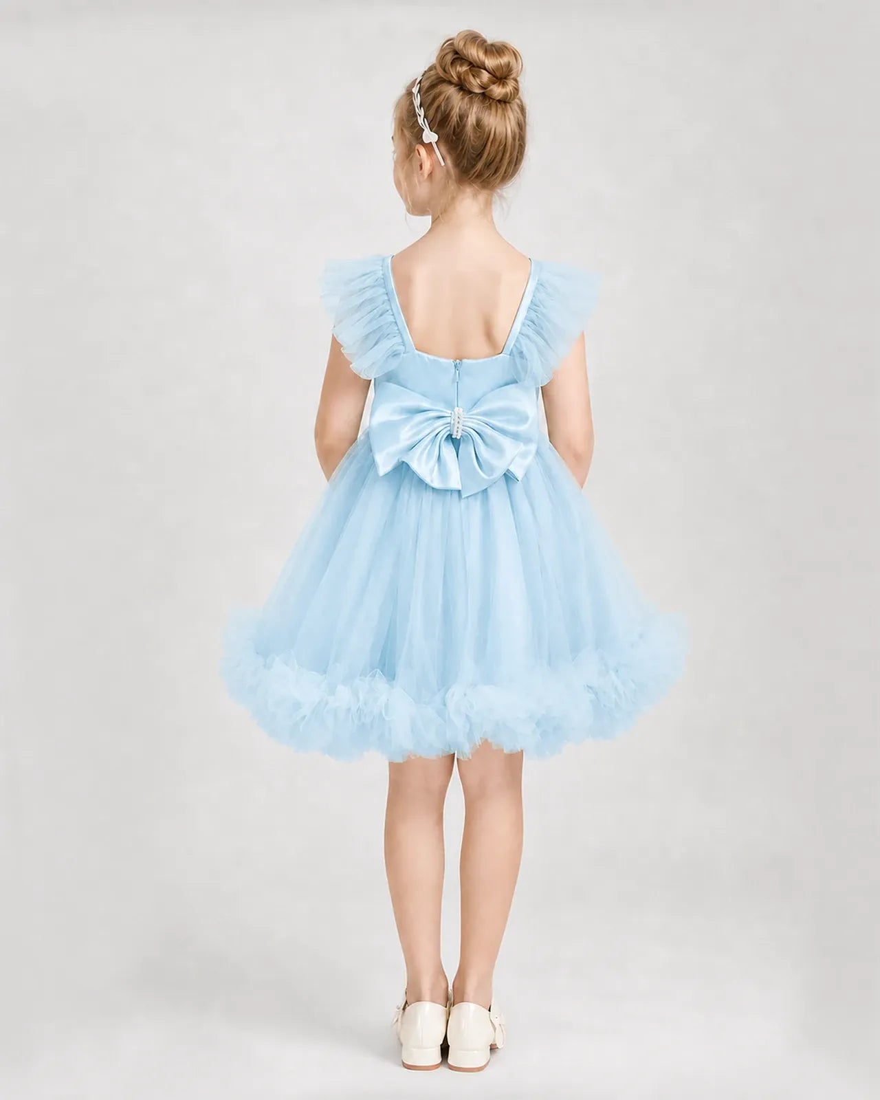 Baby Blue Satin Tulle A-line Girls Formal Dress Back View