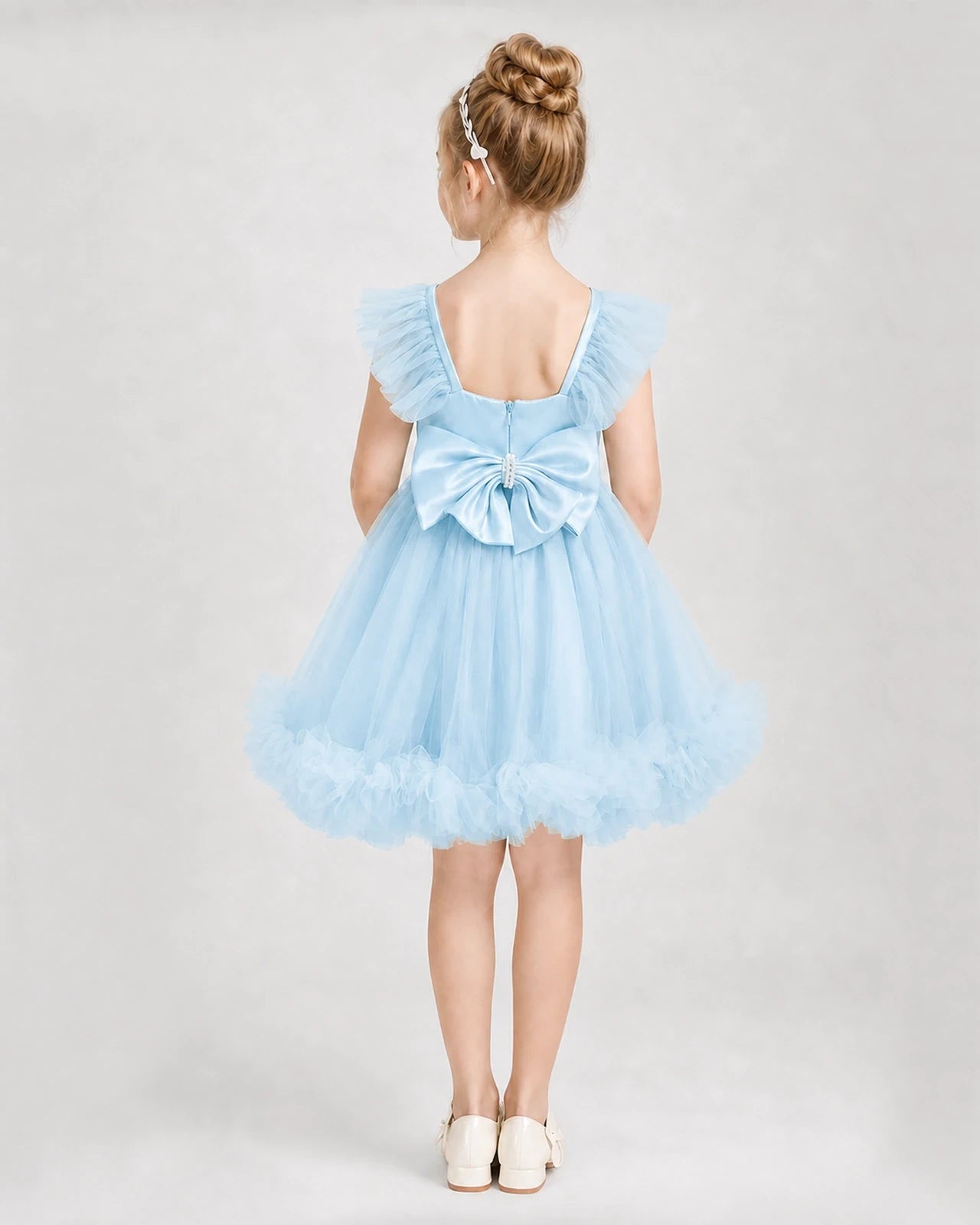 Baby Blue Satin Tulle A-line Girls Formal Dress Back View