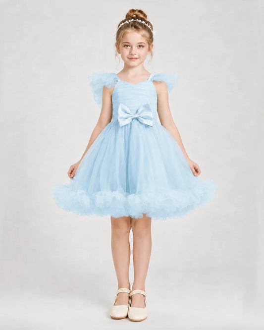 Baby Blue Satin Tulle A-line Girls Formal Dress Front View