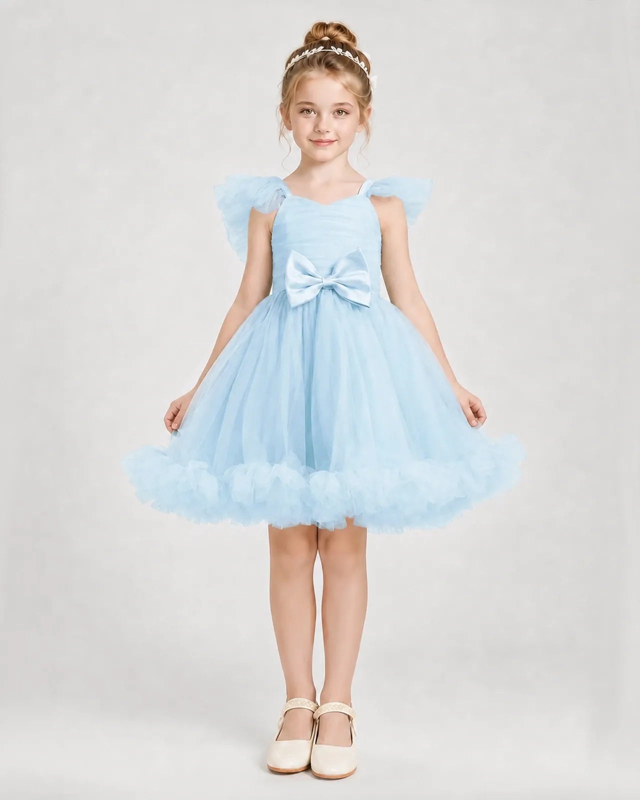 Baby Blue Satin Tulle A-line Girls Formal Dress Front View
