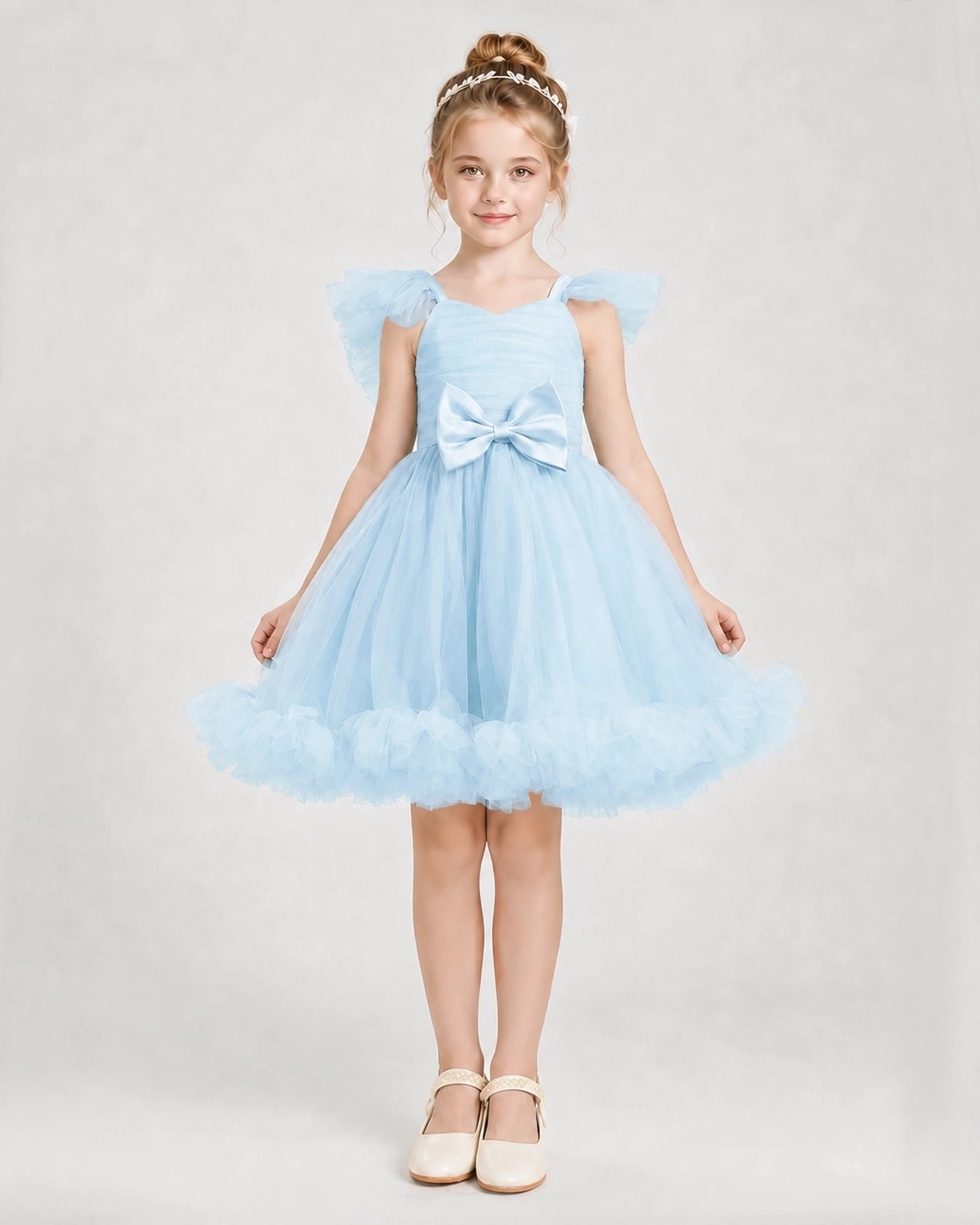 Baby Blue Satin Tulle A-line Girls Formal Dress Front View