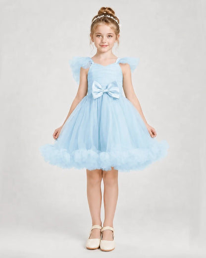 Baby Blue Satin Tulle A-line Girls Formal Dress Front View