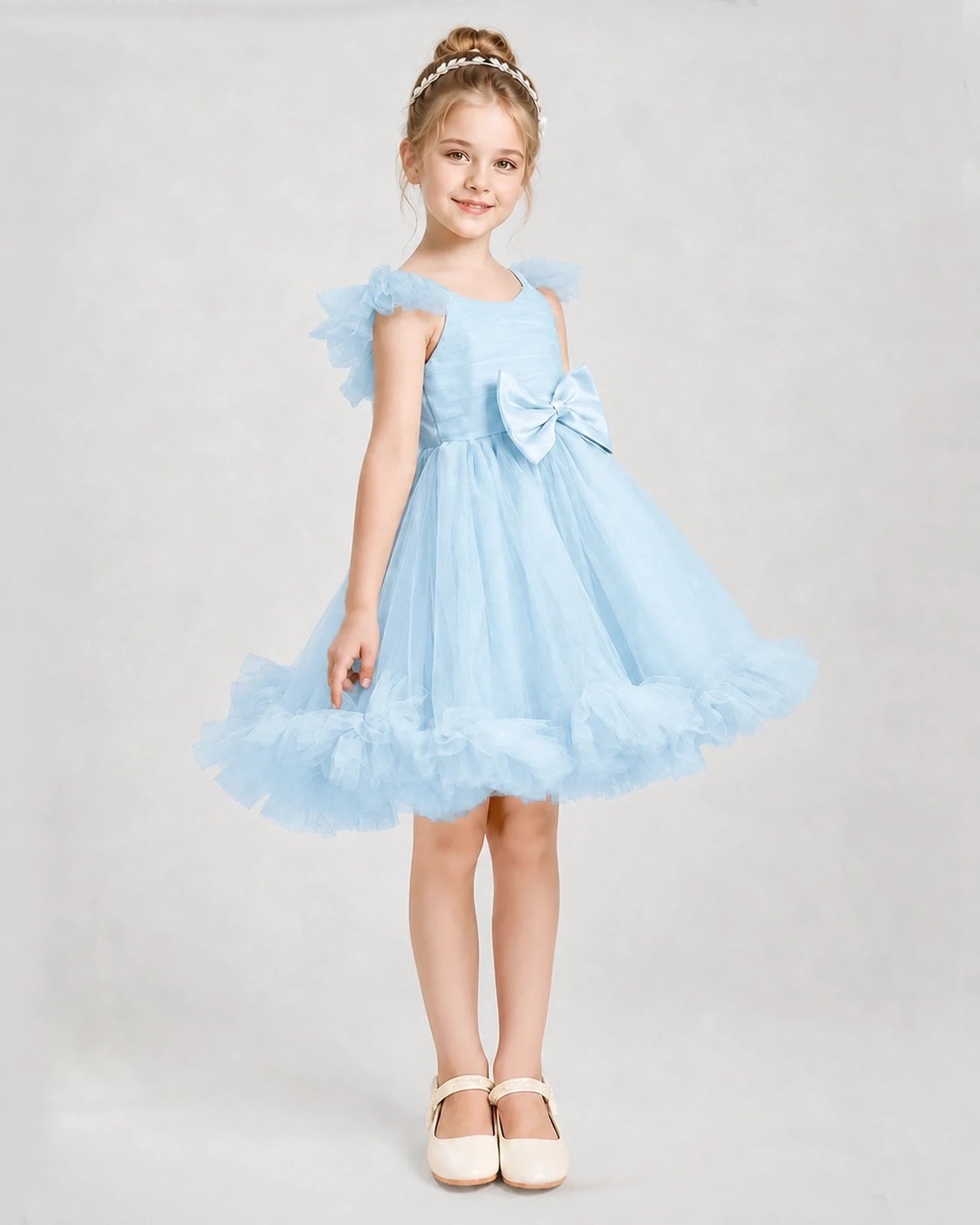 Baby Blue Satin Tulle A-line Girls Formal Dress Side View