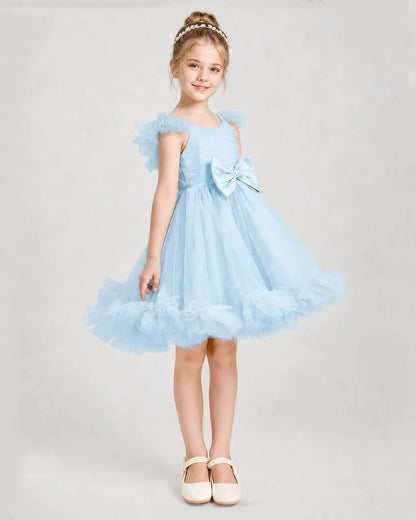 Baby Blue Satin Tulle A-line Girls Formal Dress Side View