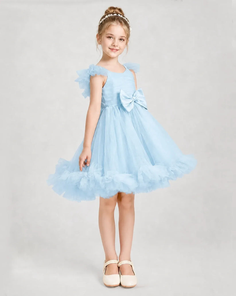 Baby Blue Satin Tulle A-line Girls Formal Dress Side View