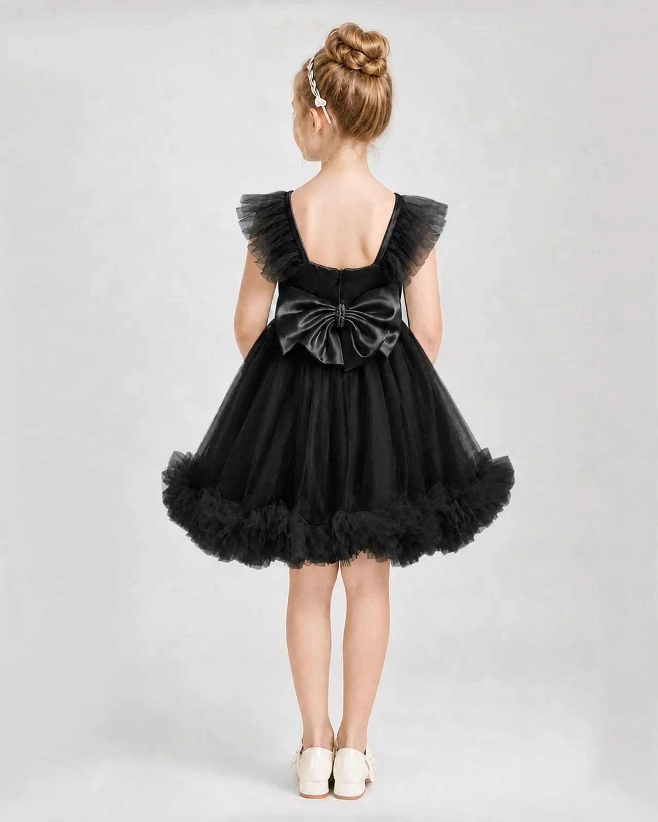 Black Satin Tulle A-line Girls Formal Dress Back View