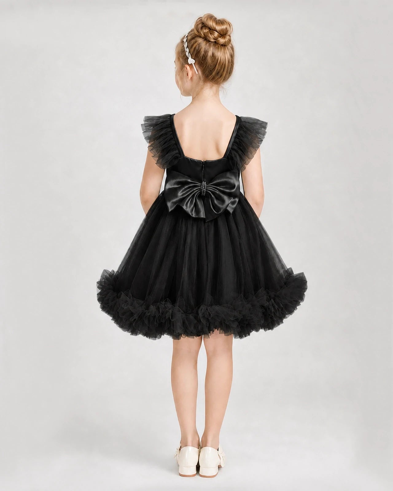 Black Satin Tulle A-line Girls Formal Dress Back View