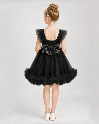 Black Satin Tulle A-line Girls Formal Dress Back View