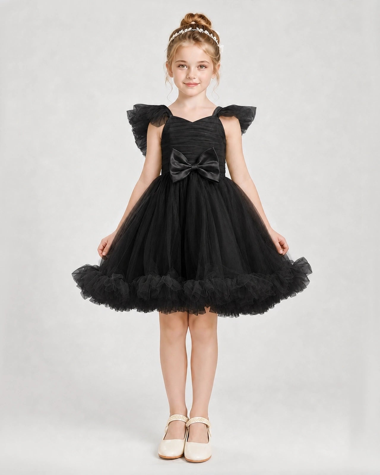 Black Satin Tulle A-line Girls Formal Dress Front View