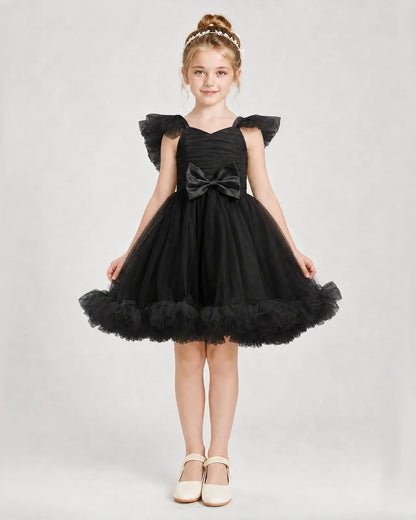 Black Satin Tulle A-line Girls Formal Dress Front View