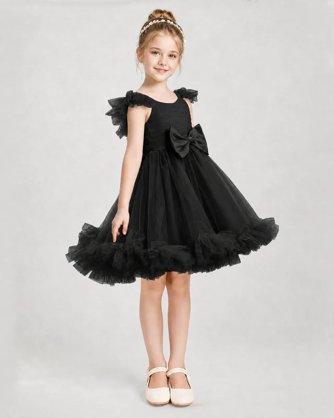 Black Satin Tulle A-line Girls Formal Dress Side View