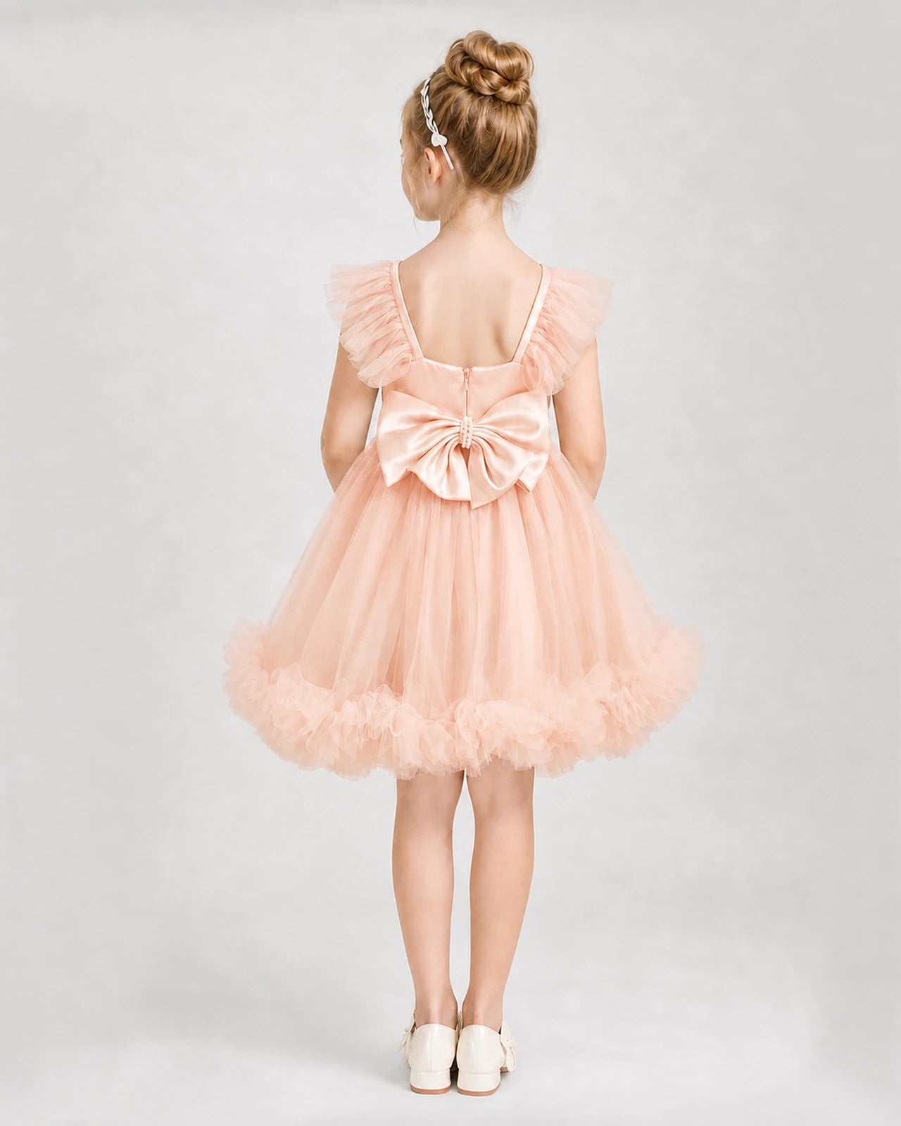 Blush Pink Satin Tulle A-line Girls Formal Dress Back View