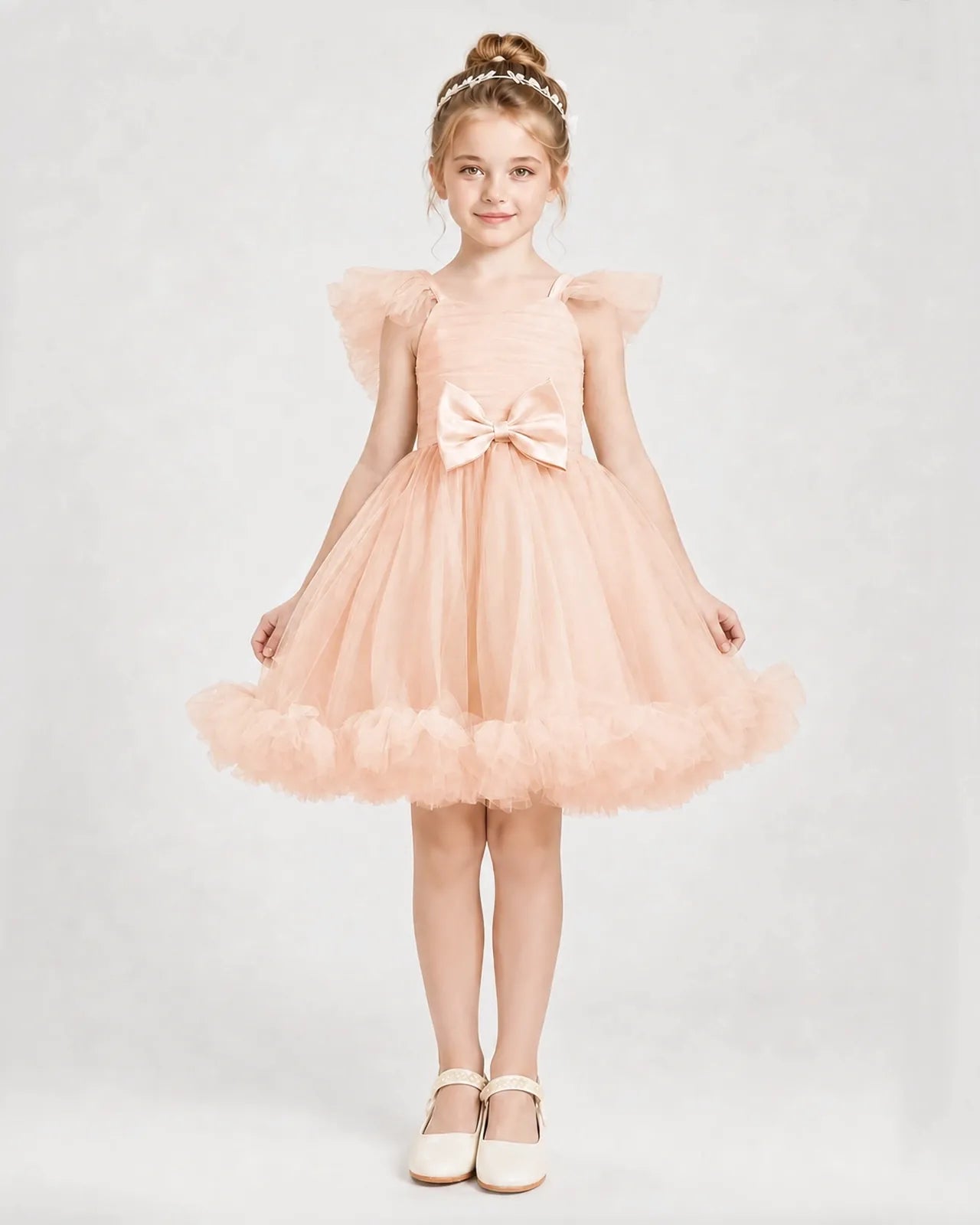 Blush Pink Satin Tulle A-line Girls Formal Dress Front View