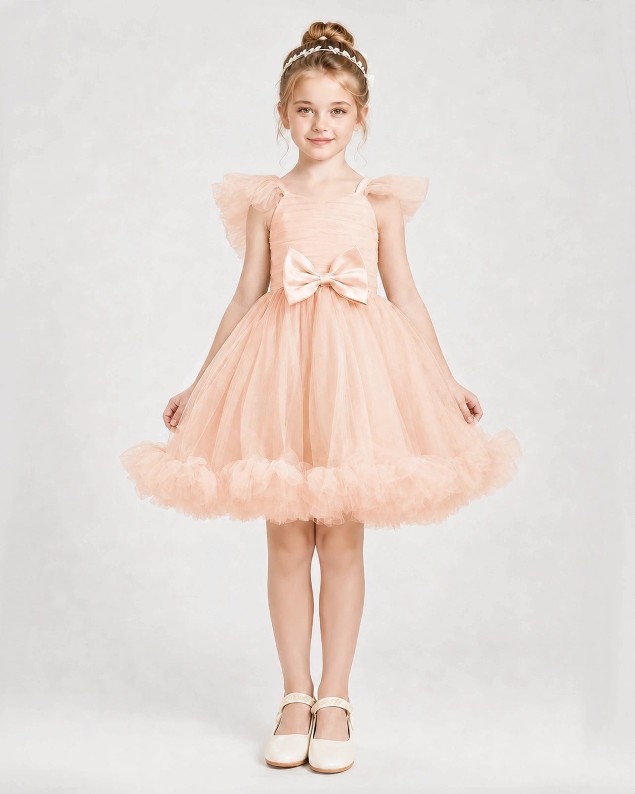 Blush Pink Satin Tulle A-line Girls Formal Dress Front View