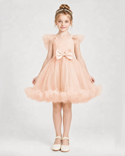 Blush Pink Satin Tulle A-line Girls Formal Dress Front View