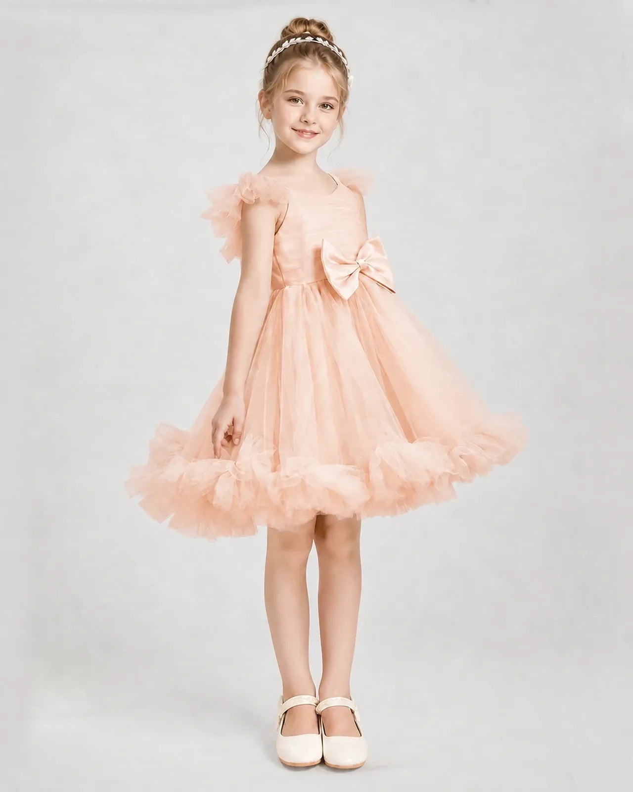 Blush Pink Satin Tulle A-line Girls Formal Dress Side View
