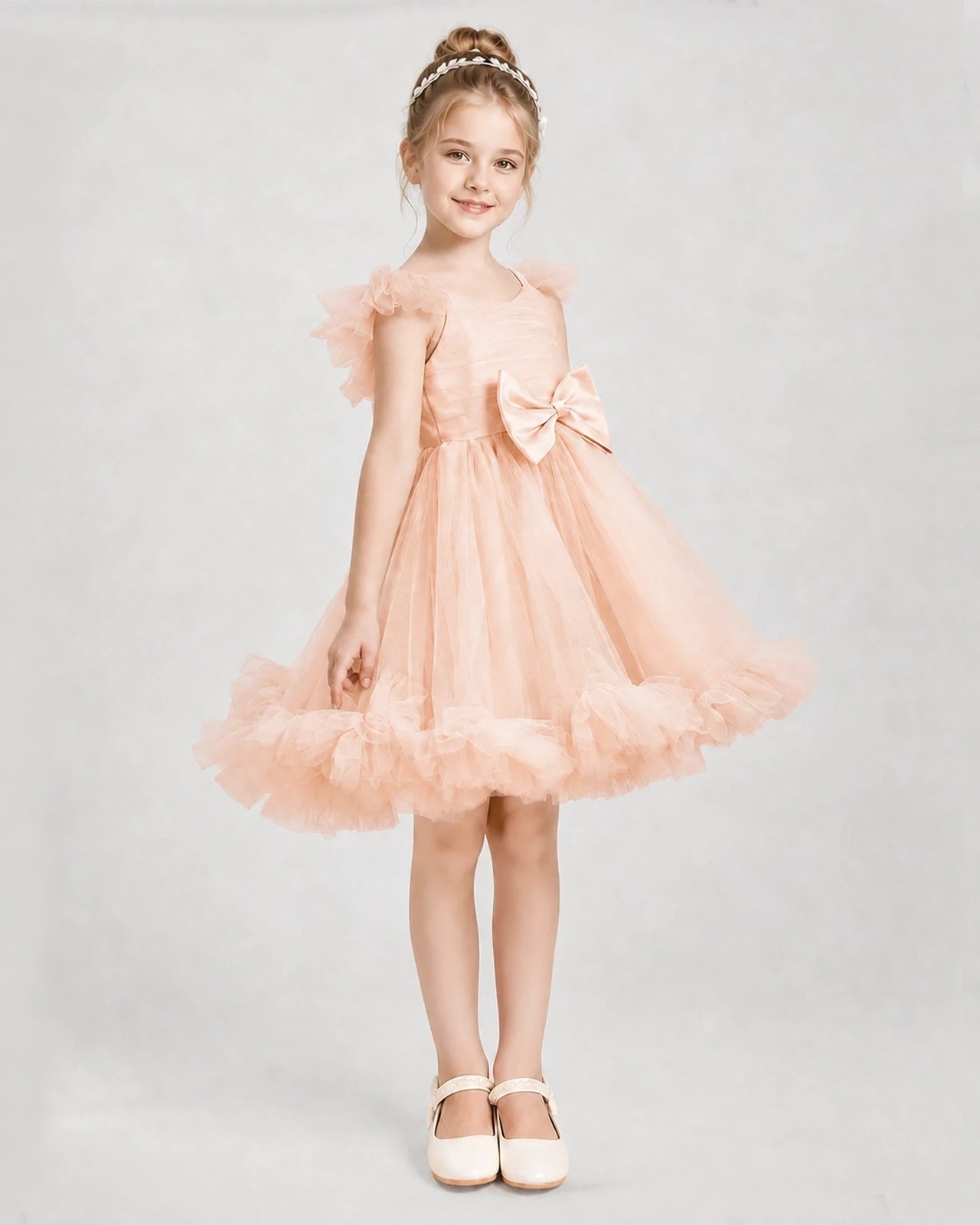 Blush Pink Satin Tulle A-line Girls Formal Dress Side View