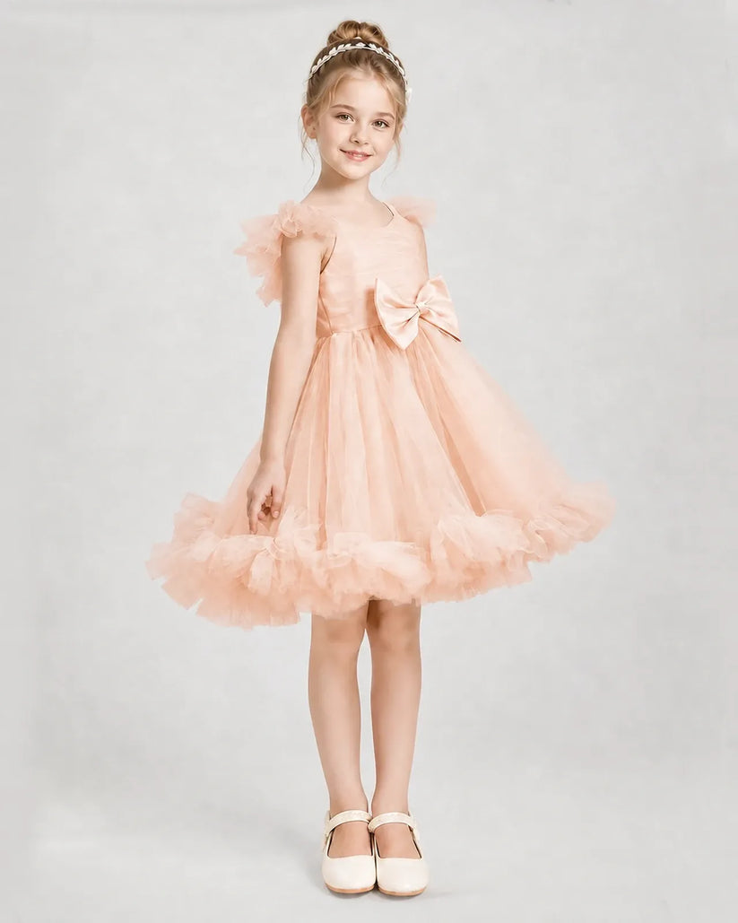 Blush Pink Satin Tulle A-line Girls Formal Dress Side View